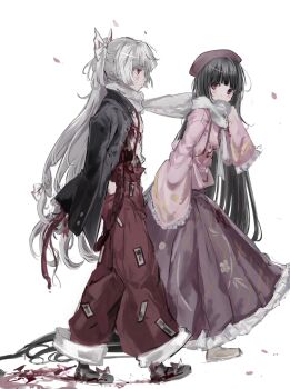 2girls beret black_hair black_jacket black_shoes blood blood_on_clothes blood_on_ground blunt_bangs bow disembowelment falling_petals frilled_skirt frilled_sleeves frills fujiwara_no_mokou full_body guro hair_bow hand_up hat highres houraisan_kaguya intestines jacket long_hair long_skirt long_sleeves looking_at_another multiple_girls ofuda ofuda_on_clothes pants petals pink_eyes pink_shirt ponytail purple_hat purple_skirt red_eyes red_pants scarf sesmkun shared_clothes shared_scarf shirt shoes skirt sleeves_past_fingers sleeves_past_wrists smile touhou very_long_hair walking white_background white_bow white_hair white_scarf