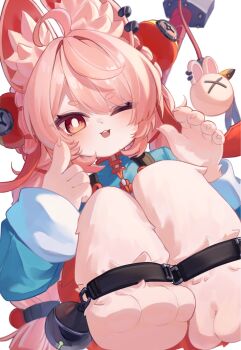 1girl ahoge animal_ear_fluff animal_ear_piercing animal_ears animal_feet anklet blush braid braided_twintails bright_pupils claws commentary_request furry furry_female green_shirt highres jewelry knees_up koyuki_kon9 long_hair looking_at_viewer one_eye_closed open_mouth pink_fur pink_hair rabbit_ears rabbit_girl screw shirt short_eyebrows simple_background solo sword thick_eyebrows weapon weapon_on_back white_background white_pupils zenless_zone_zero zhao_(zenless_zone_zero)