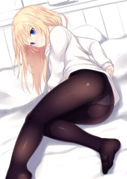 1girl ass black_pantyhose blonde_hair blue_eyes blush female_focus highres hiraga_matsuri hirasato original panties panties_under_pantyhose pantyhose solo sweater underwear
