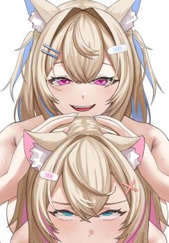 Rule 34 | 2girls, animal ear fluff, animal ears, blue eyes, blue hair, blush, close-up, dog ears, dog girl, fuwawa abyssgard, highres, hololive, hololive english, implied fellatio, implied sex, long hair, mococo abyssgard, multiple girls, parted lips, pink eyes, pink hair, rolling eyes, short hair, si farid, siblings, sisters, smile, tears, twins, two side up, virtual youtuber