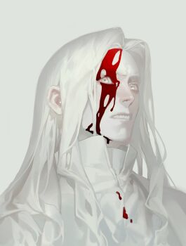 1boy absurdres apostle2408 bleeding blood blood_from_forehead blood_on_face blood_splatter clenched_teeth commentary curtained_hair english_commentary high_collar highres long_hair looking_at_viewer male_focus original portrait shirt solo teeth white_eyes white_hair white_shirt wide-eyed