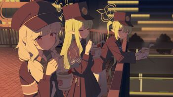 3girls against_railing aoba_(blue_archive) armband black_skirt blonde_hair blowing blue_archive blue_armband blue_hat blue_jacket chopsticks collared_shirt commentary earrings eating fluffy_hair gloves green_hair green_halo green_shirt halo hat highres hikari_(blue_archive) holding holding_chopsticks holding_with_chopsticks instant_cup_noodles instant_noodles jacket jewelry long_hair low_twintails mikan_battery multiple_girls newsboy_cap nozomi_(blue_archive) orange_halo outdoors pantyhose peaked_cap pointy_ears railing red_eyes shirt shorts siblings sisters skirt steam train_conductor twins twintails urban white_gloves white_pantyhose yellow_eyes