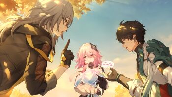 1boy 2girls absurdres ahoge animal autumn_leaves bad_link black_flower black_gloves black_hair black_jacket black_shirt blue_eyes blue_sky dan_heng_(honkai:_star_rail) dan_heng_(hunt)_(honkai:_star_rail) dappled_sunlight ear_piercing earrings evernight_(honkai:_star_rail) eyeliner fingerless_gloves flower game_cg gloves grey_hair hair_between_eyes hair_flower hair_intakes hair_ornament hand_on_own_chin highres holding holding_animal honkai:_star_rail honkai_(series) jacket jellyfish jewelry leaf long_hair long_sleeves looking_at_another makeup march_7th_(honkai:_star_rail) medium_hair multiple_girls official_art open_mouth piercing pink_hair red_eyeliner red_eyes shirt short_hair single_bare_shoulder single_earring sky smile speech_bubble stelle_(honkai:_star_rail) sunlight torn_clothes torn_gloves trailblazer_(honkai:_star_rail) white_jacket white_shirt yellow_eyes