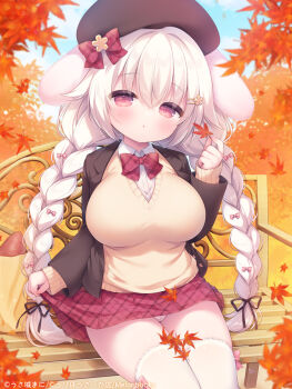 1girl animal_ears autumn_leaves bench beret black_jacket blue_sky blush bow bowtie braid breasts closed_mouth cloud collared_shirt hair_between_eyes hair_bow hair_ornament hat holding jacket large_breasts leaf long_braid long_hair long_sleeves looking_at_viewer on_bench open_clothes open_jacket original outdoors panties pink_eyes red_bow red_bowtie red_eyes red_skirt shirt sitting skirt sky solo sweater thighhighs thighs tree twin_braids underwear usashiro_mani white_hair white_panties white_shirt white_thighhighs yellow_sweater