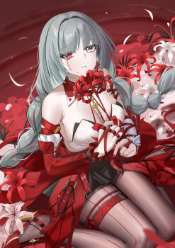 1girl absurdres bare_shoulders black_pantyhose black_skirt blood bloody_tears breasts commentary detached_sleeves dress earrings fingernails flower grey_eyes grey_hair halter_dress halterneck heterochromia highres holding holding_flower jewelry kaijiba long_fingernails long_hair looking_at_viewer medium_breasts multicolored_hair nail_polish pantyhose parted_lips phrolova_(wuthering_waves) red_dress red_eyes red_nails red_pupils revision single_detached_sleeve sitting skirt solo spider_lily streaked_hair wariza wuthering_waves