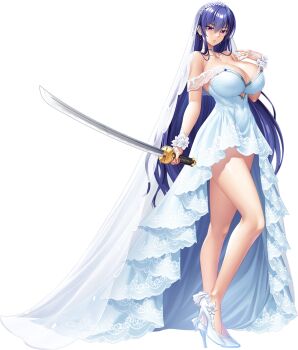1girl akiyama_rinko alternate_costume blue_hair blush breasts bridal_veil bride cleavage curvy full_body high_heels holding holding_sword holding_weapon huge_breasts katana lilith-soft long_hair looking_at_viewer non-web_source official_alternate_costume open_mouth purple_eyes shiny_skin standing sword taimanin_(series) taimanin_rpgx taimanin_yukikaze transparent_background veil very_long_hair weapon wide_hips yumaru_(marumarumaru)