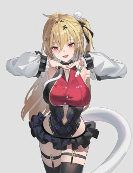 Rule 34 | 1girl, absurdres, ahoge, angel no shousou, armpits, arms up, black leotard, black thighhighs, blonde hair, breasts, chalky (zenless zone zero), chinese commentary, cissia (zenless zone zero), commentary request, detached sleeves, fangs, grey background, highres, large breasts, leotard, long hair, looking at viewer, metal wrist cuffs, microskirt, open mouth, pink nails, red eyes, shock collar, side ponytail, skirt, snake, snake girl, snake tail, solo, tail, thighhighs, white sleeves, white snake, white tail, zenless zone zero