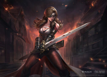 1girl absurdres bachzim beatrix_(ff9) breasts cleavage copyright_name curly_hair embers eyepatch fighting_stance final_fantasy final_fantasy_ix greatsword highres holding holding_sword holding_weapon large_breasts magic:_the_gathering official_art pantyhose save_the_queen scabbard sheath solo sword weapon