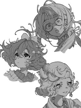 Rule 34 | 3girls, :o, ahoge, bow, closed mouth, commentary request, earrings, eyewear strap, flutterpage, glasses, greyscale, grin, hair bow, highres, jewelry, kaeru (uj26cobrsv), kakania (reverse:1999), long hair, looking at viewer, looking up, low ponytail, monochrome, ms. newbabel, multiple girls, multiple hair bows, open mouth, pom pom (clothes), pom pom earrings, ponytail, portrait, reverse:1999, short hair, smile, white background