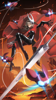 1girl absurdres animal_ears arknights black_bodysuit bodysuit breasts brown_hair cloak commentary_request cosplay cutter_(arknights) floating fox_ears fox_girl fox_tail full_body high_heels highres holding holding_knife hollow_knight hollow_knight:_silksong hornet_(hollow_knight) hornet_(hollow_knight)_(cosplay) knife koshouko_(fenrisulfr1010) latex latex_bodysuit lava mask mask_on_head medium_breasts medium_hair needle_(hollow_knight) red_cloak red_eyes shiny_clothes skin_tight solo tail throwing_knife topknot weapon