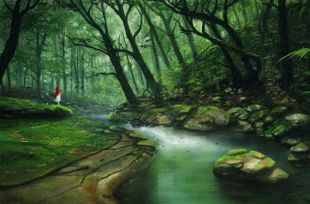 1girl dress forest from_behind green_theme jjcanvas landscape leaf moss nature original painterly red_hair river rock signature tree water white_dress