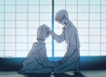 Rule 34 | 1boy, 1girl, collared shirt, commentary request, covering another's eyes, derivative work, fruits basket, full body, holding hands, korean commentary, limited palette, profile, screenshot redraw, seiza, shirt, shirt tucked in, short hair, sitting, sohma hatori, souma kana (fruits basket), sun ah, twitter username