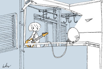 1girl absurdres balcony building cable commentary electric_guitar greyscale guitar highres instrument kaduise monochrome original paper_airplane radio_antenna short_hair signature solo spot_color wide_shot