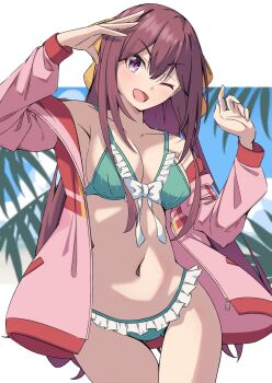 1girl absurdres alternate_costume aqua_bikini bikini blue_sky bow breasts cleavage cloud cowboy_shot frilled_bikini frills hair_bow highres jacket kantai_collection kikuchi-shoogo medium_breasts multicolored_jacket one_eye_closed pink_jacket purple_eyes purple_hair sky smile solo swimsuit two-tone_jacket yellow_bow