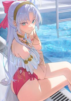 1girl absurdres ahoge aqua_eyes ass bare_legs bare_shoulders bow carlotta_(splashing_summer)_(wuthering_waves) carlotta_(wuthering_waves) casual_one-piece_swimsuit chamaru5963 closed_mouth commentary crossed_legs earrings frilled_one-piece_swimsuit frills gold_hairband hair_bow hairband hand_up hashtag-only_commentary highres jewelry legs long_hair looking_at_viewer looking_to_the_side off-shoulder_one-piece_swimsuit off_shoulder official_alternate_costume one-piece_swimsuit parted_bangs pink_bow pink_one-piece_swimsuit poolside sitting smile solo striped_bow swimsuit tacet_mark_(wuthering_waves) thighs very_long_hair white_hair wuthering_waves