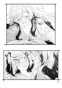 !? 2girls amaori_renako blush breast_press closed_eyes commentary_request fang greyscale highres lwmina70119 medium_hair monochrome multiple_girls open_mouth sena_ajisai skin_fang smile under_covers watashi_ga_koibito_ni_nareru_wake_naijan_murimuri! yuri