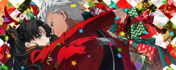 Rule 34 | 1boy, 1girl, antlers, archer (fate), black bow, black eyes, black hair, blue eyes, bow, box, chinese commentary, christmas, coat, commentary request, curtained hair, dark-skinned male, dark skin, eye contact, fate/stay night, fate (series), gift, gift box, hair bow, hair intakes, highres, horns, hug, jacket, looking at another, merry christmas, red jacket, shrug (clothing), spiked hair, tohsaka rin, two side up, white hair, yaoshi jun