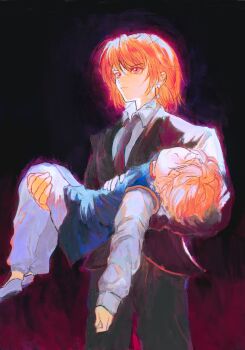 2boys age_difference aura black_jacket black_pants blonde_hair blue_eyes blue_tabard carrying carrying_person closed_eyes closed_mouth commentary dengdengiris earrings english_commentary formal_clothes highres hunter_x_hunter jacket jewelry kurapika long_sleeves multiple_boys necktie pants shirt shoes short_hair simple_background standing suit tabard white_shirt white_shoes