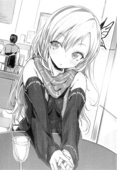 10s bare_shoulders blush boku_wa_tomodachi_ga_sukunai bug buriki butterfly diner glass hair_ornament highres bug kashiwazaki_sena long_hair monochrome restaurant scarf spoon table