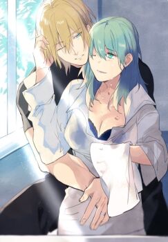 1boy 1girl black_pants black_shirt blue_bra bra bra_peek breasts cleavage couple dimitri_alexandre_blaiddyd dimitri_alexandre_blaiddyd_(timeskip) female_byleth_(awakened)_(fire_emblem) female_byleth_(fire_emblem) fire_emblem fire_emblem:_three_houses green_eyes green_hair hair_between_eyes happy_tears hug hug_from_behind husband_and_wife jewelry llldmlslll looking_at_another medium_hair nintendo no_eyepatch one_eye_closed pants ring scar scar_across_eye scar_on_face shirt tears underwear wedding_ring white_shirt