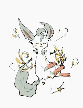 blush closed_eyes closed_mouth dot_nose full_body gen_4_pokemon highres leaf leafeon nintendo plant pokemon pokemon_(creature) pokemon_focus simple_background smile white_background zugvogel_0525