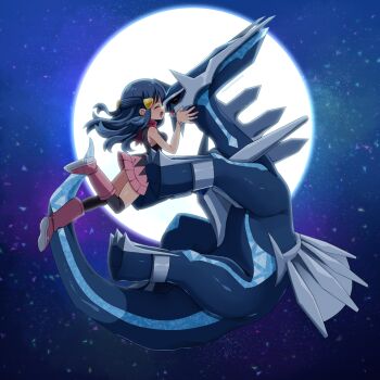 1girl affectionate black_hair black_shirt black_thighhighs boots bracelet commentary_request dawn_(pokemon) dialga from_side gen_4_pokemon hair_ornament hairclip jewelry legendary_pokemon long_hair moon nashirasauce night nintendo outdoors over-kneehighs pink_boots pink_skirt pokemon pokemon_(creature) pokemon_dppt red_scarf scarf shirt sidelocks skirt sky sleeveless sleeveless_shirt thighhighs