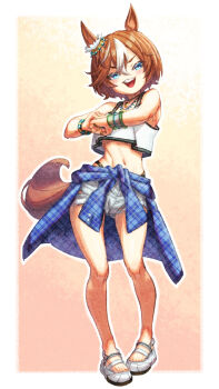 1girl animal_ears bamboo_memory_(ultra_marine)_(umamusume) bamboo_memory_(umamusume) bare_shoulders blue_eyes blush bracelet breasts brown_hair clothes_around_waist commentary_request cracking_knuckles creape crop_top cutoffs denim denim_shorts full_body hair_between_eyes highres horse_ears horse_girl horse_tail jacket jewelry looking_at_viewer midriff multicolored_hair navel necklace official_alternate_costume open_mouth plaid_clothes plaid_jacket shoes short_hair shorts smile solo streaked_hair tail tank_top teeth torn_clothes torn_shorts umamusume upper_teeth_only white_hair white_tank_top