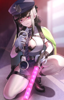 1girl absurdres ars_rg0412 bare_hips bare_legs black_hair blunt_bangs breasts cuffs d_(killer_wife)_(nikke) d_(killer_wife)_(secret_police)_(nikke) d_(nikke) full_body gloves goddess_of_victory:_nikke grin handcuffs hat high_heels highres holster large_breasts long_sidelocks looking_at_viewer necktie official_alternate_costume pelvic_curtain police police_hat police_uniform policewoman red_eyes sidelocks smile solo thigh_holster thighs tsurime