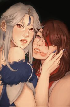 Rule 34 | 2girls, beidou (genshin impact), braid, brown eyes, brown hair, chinese new year, commentary, corrupted twitter file, english commentary, eyepatch, genshin impact, hand on another's face, highres, lipstick mark, lipstick mark on face, multiple girls, nayleedraws, ningguang (genshin impact), ningguang (orchid's evening gown) (genshin impact), parted lips, white hair, yuri