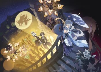 Rule 34 | animal ears, blue eyes, breasts, female tyrant (stella sora), firenze (stella sora), flower, fox ears, fox girl, fox tail, gloves, grey hair, hair flower, hair ornament, highres, holding, large breasts, long hair, looking at viewer, maid headdress, male tyrant (stella sora), mole, mole under eye, official art, otoha (stella sora), smile, stella sora, tail, textless version, thighhighs, third-party source, tyrant (stella sora), white gloves, white thighhighs