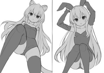 1girl aisaka_taiga animal_ears blush commentary english_commentary highres long_hair looking_at_viewer mikoscrub monochrome playboy_bunny sitting split_screen thighhighs tiger_ears toradora! very_long_hair