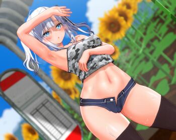 1girl 3d black_thighhighs blue_eyes blush bus_stop cameltoe camouflage denim denim_shorts female_focus flower micro_shorts minamo_rm navel original outdoors short_shorts shorts silver_hair solo stomach sunflower sweat tank_top thick_thighs thighhighs thighs twintails wide_hips