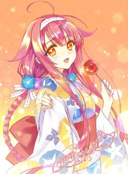 1girl ahoge alternate_costume artist_name braid candy_apple carnelian commentary_request dated floral_print food hair_flaps hairband kantai_collection kawakaze_(kancolle) kawakaze_kai_ni_(kancolle) looking_at_viewer low_twin_braids orange_background orange_eyes red_hair red_sash sash signature simple_background smile solo twin_braids white_hairband