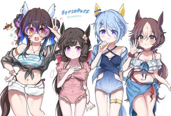 Rule 34 | 4girls, 5girls, animal ears, bare shoulders, bikini, black shirt, blue eyes, blue hair, blue jacket, blue one-piece swimsuit, blue sarong, blush, bow, bracelet, braid, breasts, brown eyes, brown hair, casual one-piece swimsuit, choker, cleavage, closed mouth, collarbone, daiichi ruby (umamusume), daitaku helios (umamusume), drill hair, drill sidelocks, ear covers, ear flower, ear scrunchie, facial tattoo, fang, hair between eyes, hair bow, hair bun, hair ornament, hairclip, heart, heart-shaped eyewear, highres, horse ears, horse girl, horse tail, jacket, jewelry, k.s.miracle (umamusume), kerimka31328031, long hair, looking at viewer, medium breasts, mejiro palmer (umamusume), multicolored hair, multiple girls, one-piece swimsuit, open clothes, open jacket, open mouth, pink choker, pink one-piece swimsuit, purple-tinted eyewear, purple eyes, red bow, red scrunchie, sarong, scrunchie, shirt, short hair, side drill, sidelocks, small breasts, smile, star (symbol), star hair ornament, streaked hair, striped bikini, striped clothes, sunglasses, swimsuit, tail, tattoo, tied shirt, tinted eyewear, twin drills, umamusume, w, white hair, white shirt, wrist scrunchie, yamanin zephyr (umamusume), yellow eyes
