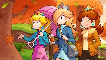 Rule 34 | 3girls, absurdres, alternate costume, artist name, autumn, autumn leaves, blonde hair, blue coat, blue jacket, blue sweater, brown hair, brown pants, casual, closed mouth, coat, commentary, cowboy shot, crown, dress, earrings, floral print, floral print dress, flower earrings, freckles, fur-trimmed coat, fur trim, grin, hair over one eye, hands in pockets, highres, holding, holding umbrella, jacket, jewelry, leaf, long hair, long sleeves, mario (series), medium hair, multiple girls, nintendo, one eye closed, open clothes, open coat, orange coat, pants, pearl earrings, pink dress, pink umbrella, princess daisy, princess peach, print dress, rosalina, shirt, smile, star (symbol), star earrings, sweater, sweater dress, teeth, tree, turtleneck, turtleneck sweater, umbrella, vinny (dingitydingus), yellow shirt