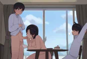 1girl 2boys age_difference black_hair cake censored chair cup curtains fellatio food highres incest indoors mosaic_censoring mother_and_son multiple_boys onee-shota oral original penis pepper0 short_hair shota table window