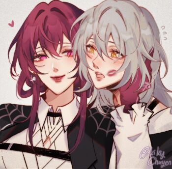 2girls artist_name black_jacket collared_shirt commentary film_grain flying_sweatdrops gloves grey_background grey_hair hand_on_another&#039;s_face heart honkai:_star_rail honkai_(series) jacket kafka_(honkai:_star_rail) kiki_(kikychayen) lipstick_mark lipstick_mark_on_face long_hair multiple_girls open_mouth purple_eyes purple_gloves purple_hair shirt stelle_(honkai:_star_rail) trailblazer_(honkai:_star_rail) white_shirt yellow_eyes yuri