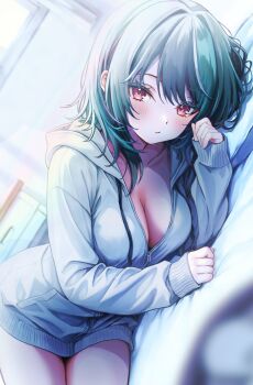 1girl alternate_costume aqua_hair blush breasts brown_eyes cleavage derk_maxx dutch_angle highres hololive hololive_dev_is hood hooded_jacket jacket long_hair looking_at_viewer lying on_side rindo_chihaya solo virtual_youtuber