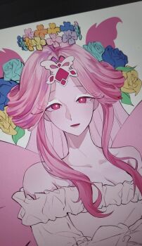 Rule 34 | 1girl, angel, angel wings, butterfly wings, colored skin, cookie run, cookie run: kingdom, dress, eternal sugar cookie, eternal sugar cookie (blooming bringer of sloth), flipped sidelocks, flower halo, gem, humanization, hyuni7777, insect wings, jewelry, long hair, looking at another, looking at viewer, official alternate costume, pink eyes, pink gemstone, pink hair, pink skin, simple background, smile, solo, very long hair, white dress, white eyeshadow, wings