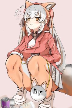 1girl absurdres animal_ears bag brown_hair can drink_can extra_ears fox_ears fox_girl fox_tail gloves grey_hair handbag hat highres island_fox_(kemono_friends) jacket kemono_friends kemono_friends_v_project llb long_hair necktie pantyhose pink_background ribbon shirt shoes simple_background skirt solo squatting tail twintails virtual_youtuber yellow_eyes