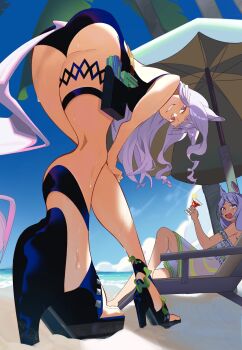 2girls animal_ears ass beach bent_over black_one-piece_swimsuit blunt_bangs blush breasts cup dress dress_swimsuit foreshortening glass gold_ship_(run_revolt_launcher)_(umamusume) gold_ship_(umamusume) grin hand_on_own_leg high_heels highres holding holding_cup holster horse_ears horse_girl horse_tail legs long_hair looking_at_viewer mejiro_mcqueen_(ripple_fairlady)_(umamusume) mejiro_mcqueen_(umamusume) multiple_girls official_alternate_costume one-piece_swimsuit open_mouth pink_eyes purple_eyes purple_hair sandals see-through_clothes see-through_dress senji_(kurisusen1) sitting smile solo strappy_heels sweat swimsuit tail thigh_holster thigh_strap toes umamusume umbrella water water_gun