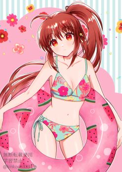 1girl ahoge alternate_costume aqua_bikini bare_arms bell bikini blush breasts brown_hair cleavage closed_mouth collarbone commentary cowboy_shot eyelashes floating_hair floral_background floral_print floral_print_bikini flower food_print frown fruit_print hair_bell hair_between_eyes hair_ornament head_tilt highres holding holding_swim_ring innertube jingle_bell little_busters! long_hair looking_at_viewer natsume_rin navel pink_background pink_flower piyo_(kinkooo333) ponytail print_bikini print_innertube red_eyes red_flower side-tie_bikini_bottom sidelocks simple_background small_breasts solo split_mouth swim_ring swimsuit twitter_username very_long_hair watermelon_print
