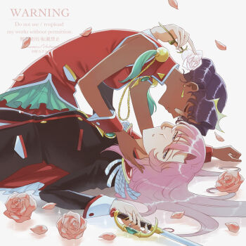 2girls black_coat black_hair blue_eyes breasts coat commentary_request earrings epaulettes flower highres himemiya_anthy holding holding_flower holding_sword holding_weapon interracial jacket jewelry long_hair lying medium_breasts multiple_girls nakano_kaworu on_back pink_flower pink_hair pink_rose red_jacket red_skirt rose short_hair shoujo_kakumei_utena skirt sleeveless sleeveless_jacket sword tenjou_utena watermark weapon white_flower white_rose wrist_cuffs yuri