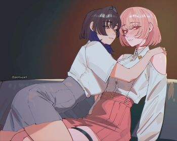 averting_eyes black_hair blue_eyes blue_hair blue_skirt blunt_bangs breasts closed_mouth clothing_cutout collared_shirt colored_inner_hair couch hand_on_another's_shoulder high-waist_skirt highres hololive hololive_english indoors large_breasts long_sleeves looking_at_another miniskirt mori_calliope mori_calliope_(kawaiiope) multicolored_hair official_alternate_costume official_alternate_hairstyle on_couch ouro_kronii pink_eyes pink_hair pink_skirt pleated_skirt pomuya shirt shirt_tucked_in shoulder_cutout sitting skirt t-shirt thigh_strap virtual_youtuber white_shirt