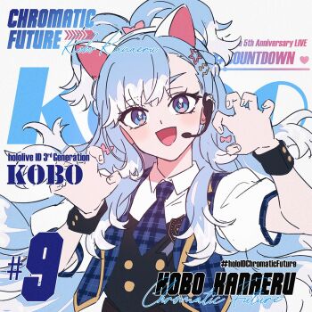 1girl animal_ears blue_eyes blue_hair blush commentary fake_animal_ears hololive hololive_indonesia kobo_kanaeru long_hair looking_at_viewer multicolored_hair necktie open_mouth sakon04 smile solo symbol-only_commentary two-tone_hair virtual_youtuber white_hair