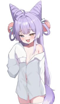 1girl :d ahoge blue_eyes breasts button_gap colored_tips commentary_request cone_hair_bun double_bun fang fox_girl fox_tail gamble_0 hair_bun hair_ornament hair_rings hand_up heterochromia highres korean_commentary long_hair long_sleeves looking_at_viewer mesugaki multicolored_hair navel nervous_smile no_pants off_shoulder open_clothes open_mouth open_shirt partially_unbuttoned pom_pom_(clothes) pom_pom_hair_ornament shirt shirt_slip simple_background sleeves_past_fingers sleeves_past_wrists small_breasts smile stellive sweat tail tenko_shibuki thighhighs two-tone_hair virtual_youtuber white_background white_hair white_shirt white_thighhighs yellow_eyes