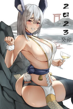 1girl 2023 absurdres animal_ear_fluff animal_ears ass black_thighhighs breasts butt_crack chinese_zodiac commentary cup drinking_glass english_commentary highres holding holding_cup long_hair looking_at_viewer mchiefy original pink_eyes rabbit_ears rabbit_girl rabbit_tail sitting smile tail thighhighs torii year_of_the_rabbit