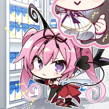 2girls ^^^ all_fours azur_lane bare_shoulders blush breast_conscious breasts character_request chibi chibi_only chinese_commentary closed_mouth commentary_request crossover demon_girl demon_tail detached_sleeves drink_carton from_side full_body hair_between_eyes komowata_haruka large_breasts long_hair looking_at_viewer milk_carton miniskirt motion_lines multiple_girls nana_asta_deviluke official_art outline outstretched_arm pink_hair pleated_skirt purple_eyes red_skirt refrigerator refrigerator_interior simple_background skirt small_breasts solo_focus striped_clothes striped_thighhighs tail tail_raised thighhighs third-party_source thumbs_up to_love-ru twintails v-shaped_eyebrows very_long_hair wavy_mouth white_background white_outline zettai_ryouiki
