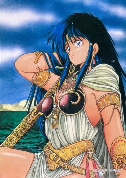 Rule 34 | 1girl, arm behind head, arm up, armlet, blue eyes, blue hair, breasts, cape, cleavage, copyright notice, day, earrings, gold armlet, jewelry, light smile, long hair, manabe jouji, non-web source, outdoors, retro artstyle, solo, tiara, traditional media