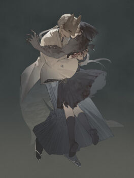 1boy 1girl absurdres black_hair black_sclera black_serafuku black_shoes black_skirt black_socks blood blood_on_clothes bridal_gauntlets claws colored_sclera earrings floating fox_hinako fox_mask fox_mask_(silent_hill) full_body grey_background hetero highres hug japanese_clothes jewelry lilith-lily long_hair low_ponytail mask parted_lips pleated_skirt ponytail robe sandals school_uniform serafuku shimizu_hinako shirt shoes short_hair silent_hill_(series) silent_hill_f single_earring skirt socks spoilers tabi tassel tassel_earrings torn_clothes torn_shirt torn_skirt white_hair white_robe wide_sleeves yellow_eyes